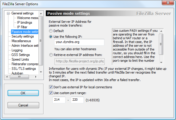 FileZilla - Passive Mode Settings